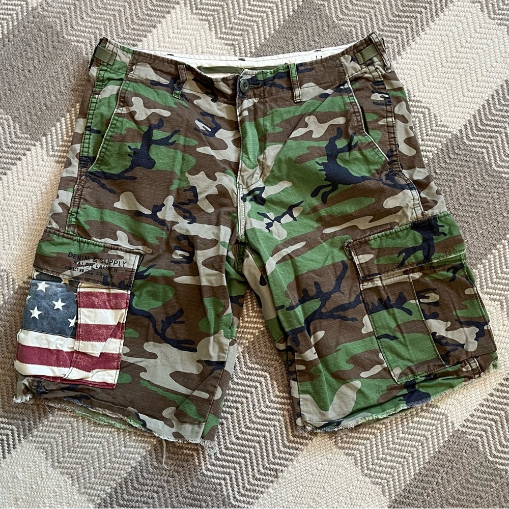 Camo Cargo Shorts with American Flag Patch - Green Camouflage